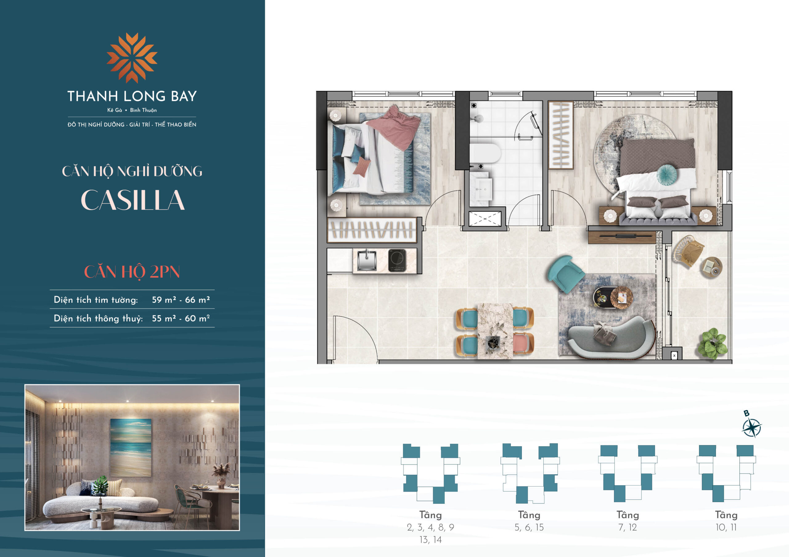 Thiết kế căn hộ 2 phòng ngủ tại Casilla Thanh Long Bay